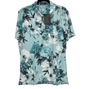 G/FORE NEW Men's Medium Photo‎ Floral Tech Polo Jersey Modern Spread Collar Blue